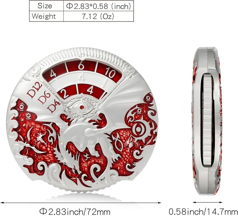 DNDND مجموعة نرد معدنية دوارة 7 في 1 لنرد D&D مع صندوق هدايا فاخر لألعاب الزنزانات والتنين والألعاب اللوحية (فضي مع أحمر) - Image 3